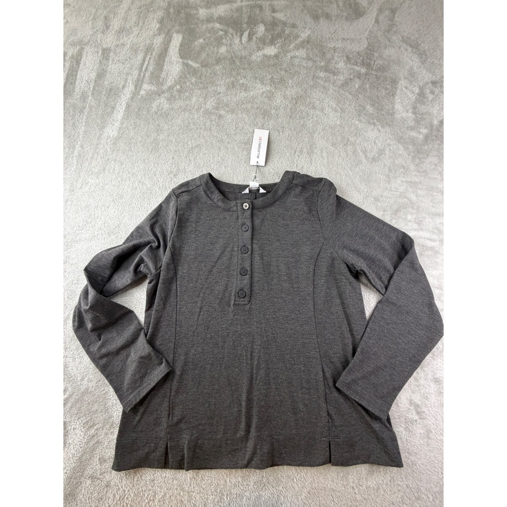 Liz Claiborne Henley Top Women Size M Charcoal Gray Long Sleeve Button Front NWT